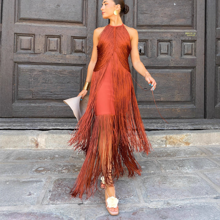 Damen Fransen Maxikleid mit elegantem Schnitt und fließendem Design Mirla-Eva Jonsson
