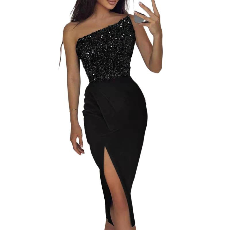 Damen Glamouröses Abendkleid mit asymmetrischem Ausschnitt und schimmerndem Oberteil Mirla-Eva Jonsson