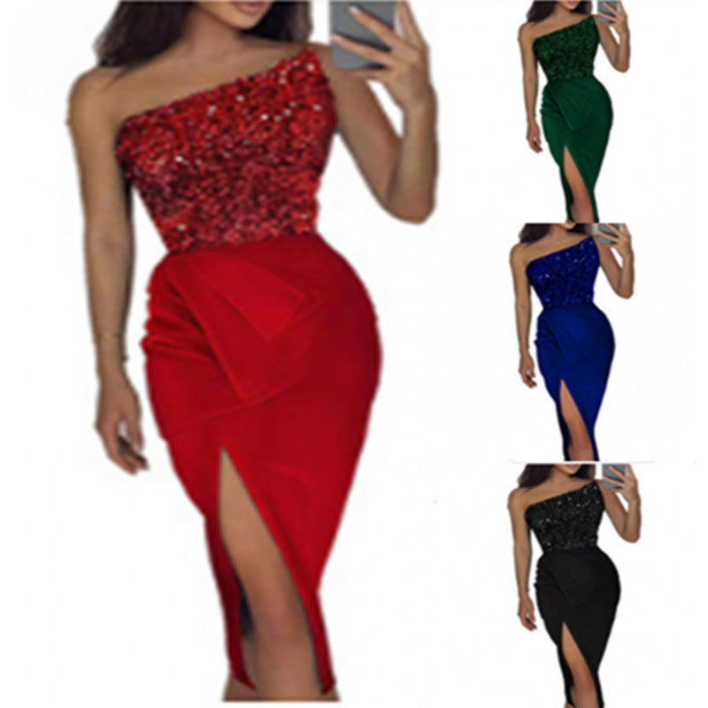 Damen Glamouröses Abendkleid mit asymmetrischem Ausschnitt und schimmerndem Oberteil Mirla-Eva Jonsson