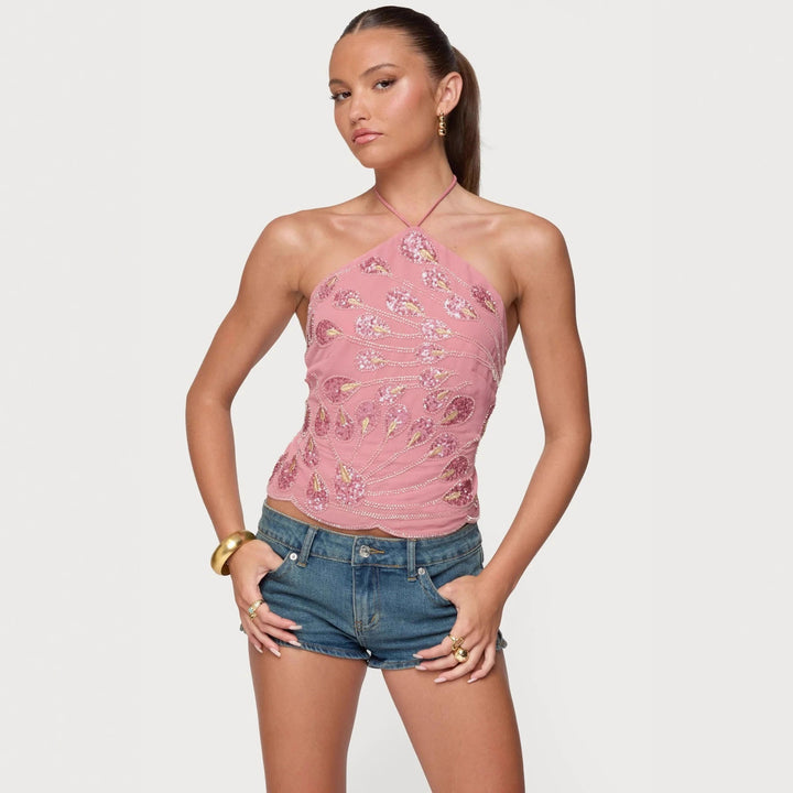 Damen Glittering Half Top with Floral Sequins and Fine Straps Mirla-Eva Jonsson