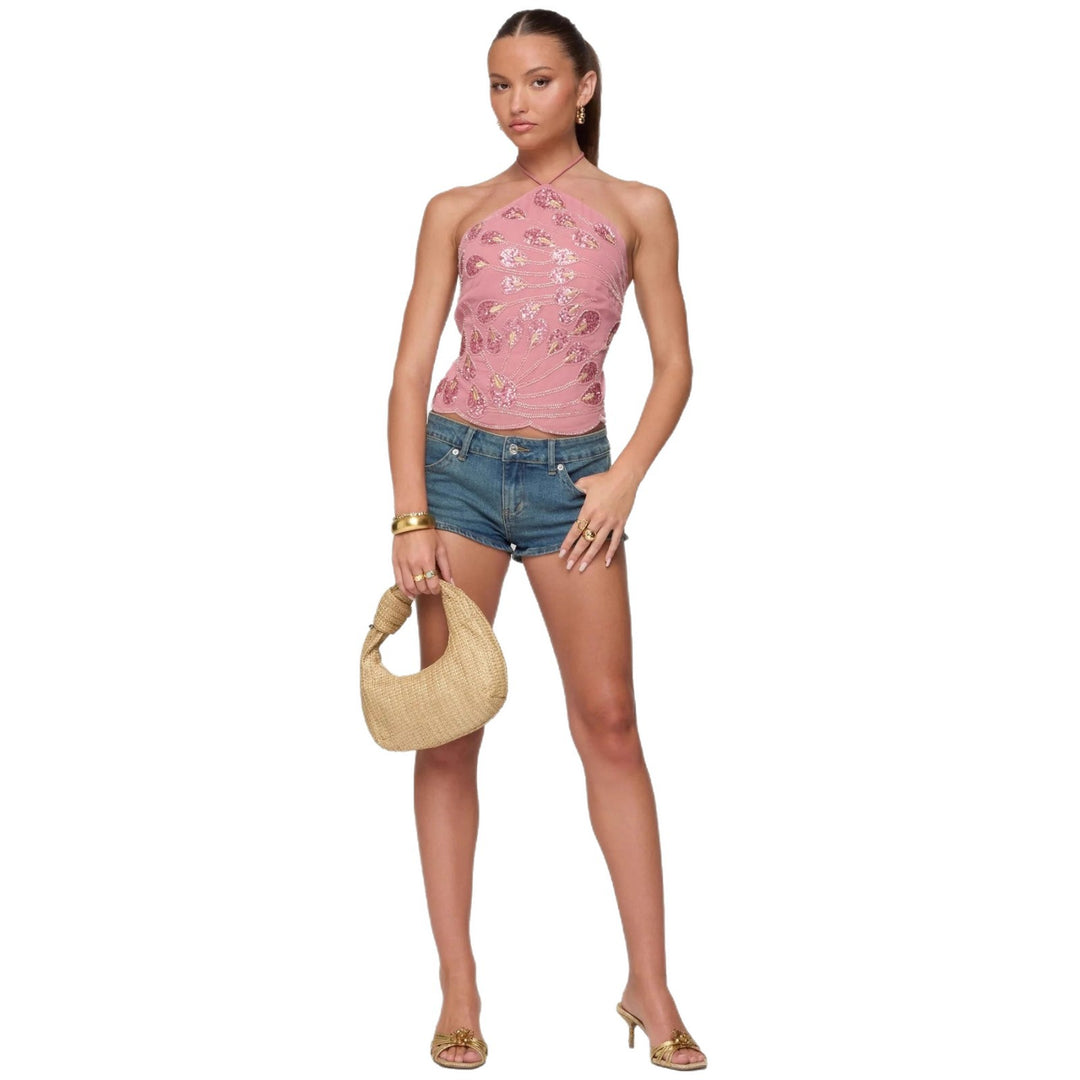 Damen Glittering Half Top with Floral Sequins and Fine Straps Mirla-Eva Jonsson