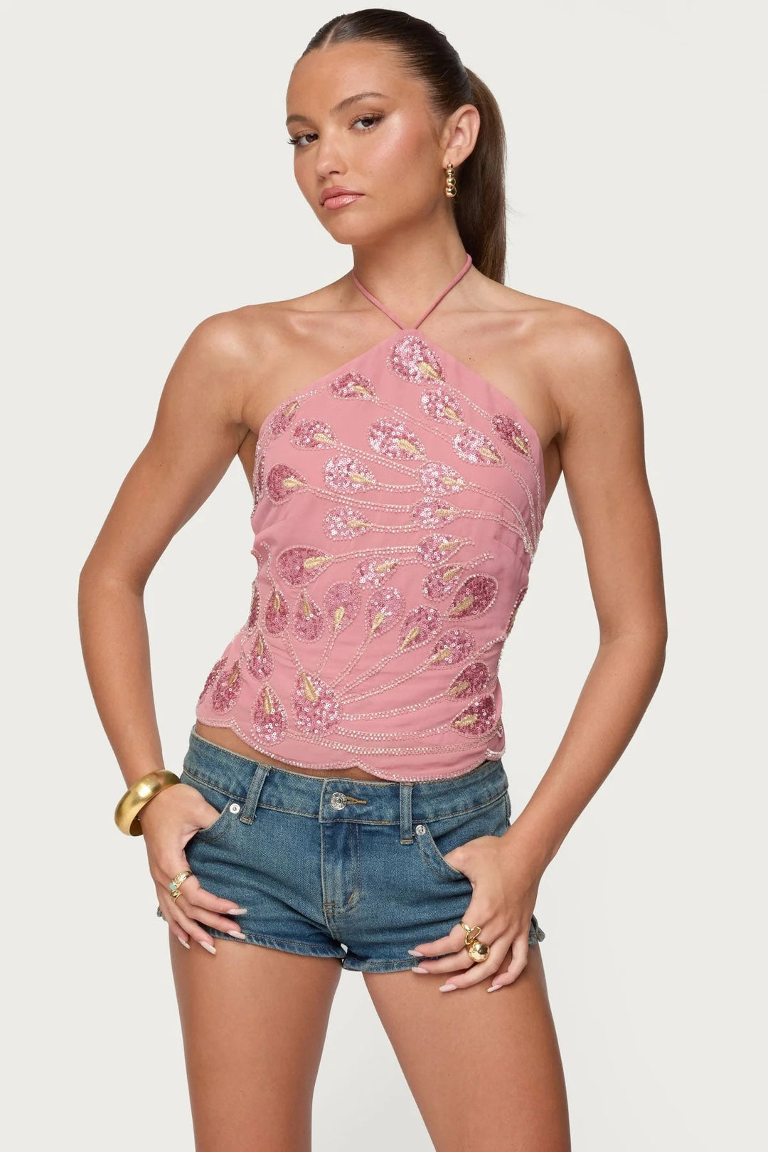 Damen Glittering Half Top with Floral Sequins and Fine Straps Mirla-Eva Jonsson