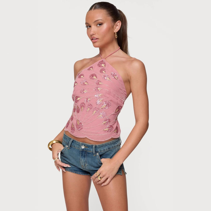 Damen Glittering Half Top with Floral Sequins and Fine Straps Mirla-Eva Jonsson