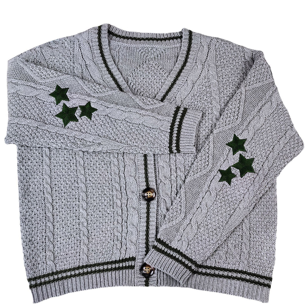 Damen Grobstrickjacke med Eleganta Stjärnapplikationer och Kontrasterande Detaljer Eva Jonsson-Eva Jonsson