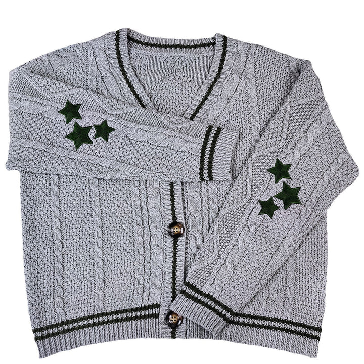 Damen Grobstrickjacke med Eleganta Stjärnapplikationer och Kontrasterande Detaljer Eva Jonsson-Eva Jonsson