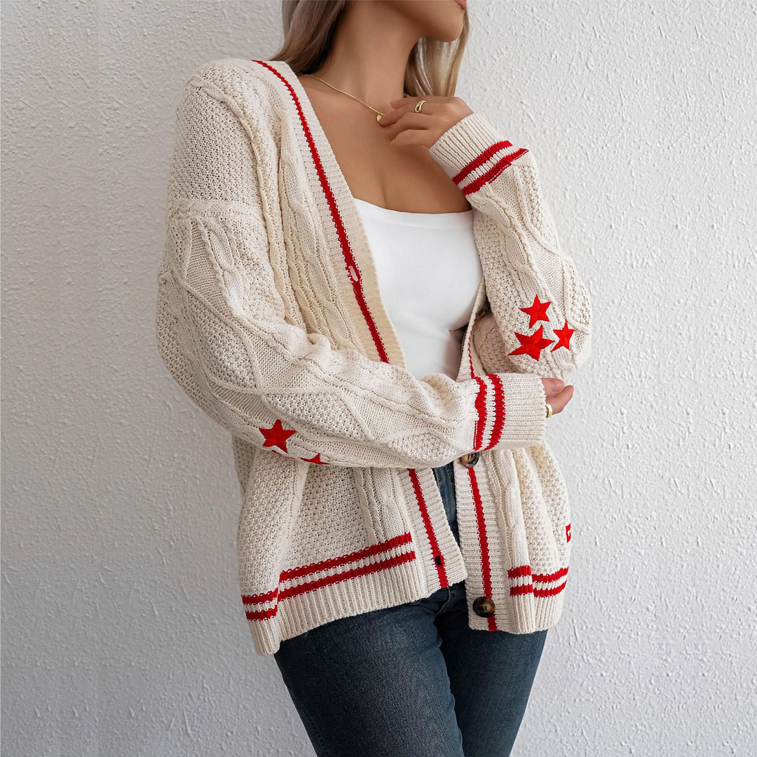 Damen Grobstrickjacke med Eleganta Stjärnapplikationer och Kontrasterande Detaljer Eva Jonsson-Eva Jonsson
