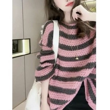 Damen Grobstrickpullover mit lässigem Streifenmuster und voluminösen Ärmeln Mirla-Eva Jonsson