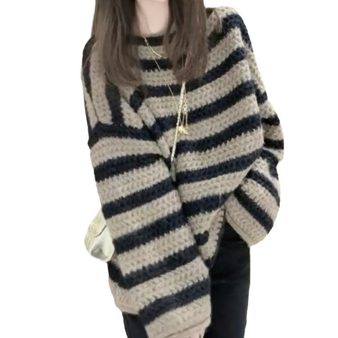 Damen Grobstrickpullover mit lässigem Streifenmuster und voluminösen Ärmeln Mirla-Eva Jonsson