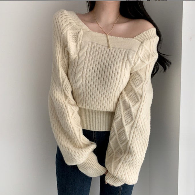 Damen Grobstrickpullover mit modernen Zopfdetails und quadratischem Ausschnitt Mirla-Eva Jonsson