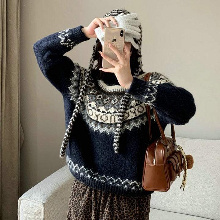 Damen Grobstrickpullover mit zeitgenössischen Norweger-Mustern Mirla-Eva Jonsson