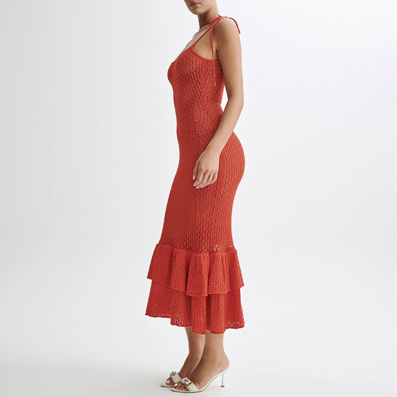 Damen Häkel-Maxikleid mit Volant und verstellbaren Trägern Mirla-Eva Jonsson