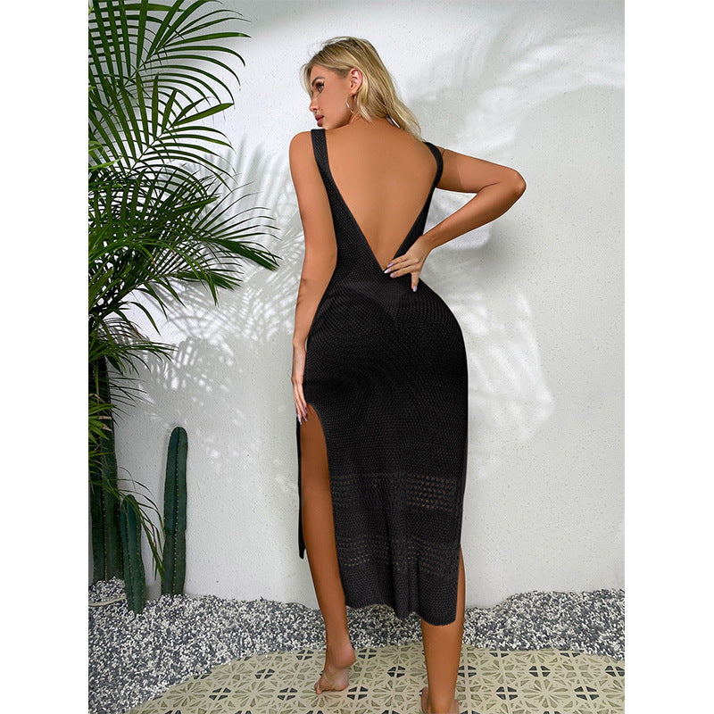 Damen Häkel-Midi-Kleid mit sexy seitlichen Schlitzen und raffiniertem Netzdesign Mirla-Eva Jonsson