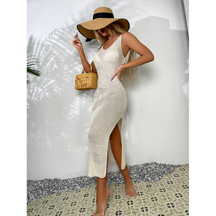 Damen Häkel-Midi-Kleid mit sexy seitlichen Schlitzen und raffiniertem Netzdesign Mirla-Eva Jonsson