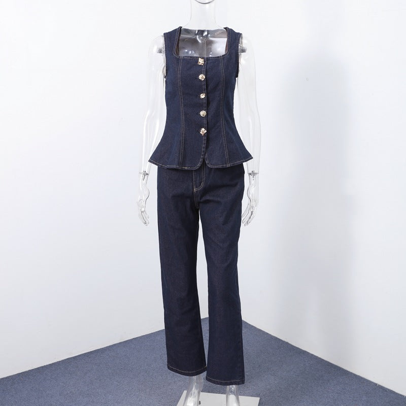 Damen Jeans-Overall mit taillierter Silhouette und eleganten Knopfdetal-Eva Jonsson