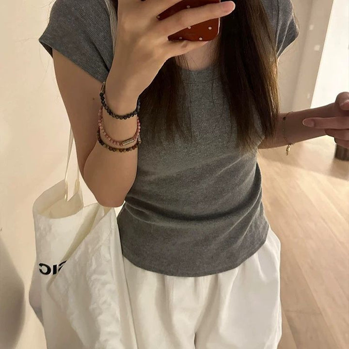 Damen Kortärmad T-shirt med U-ringning Slim Fit Grå-Eva Jonsson