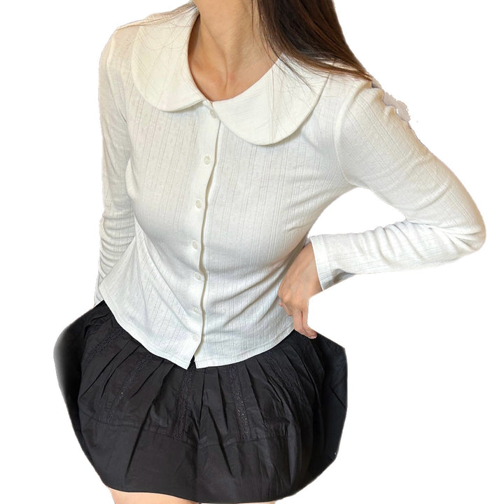 Damen Långärmad Crop Top med stilfull krage och knapplist Mirla-Eva Jonsson