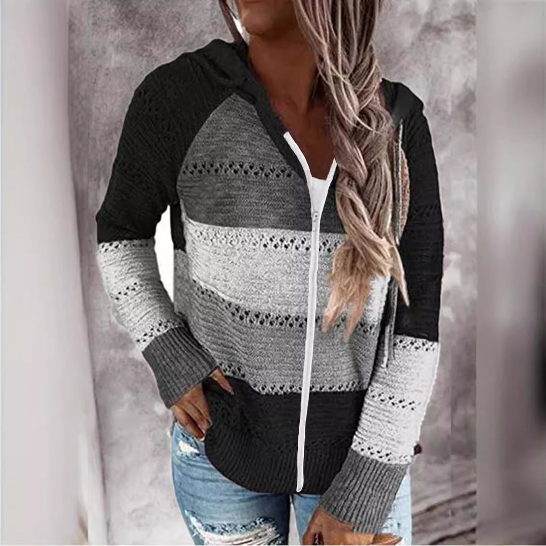 Damen Lättstickad Jacka med Dragkedja och Huva Mirla-Eva Jonsson
