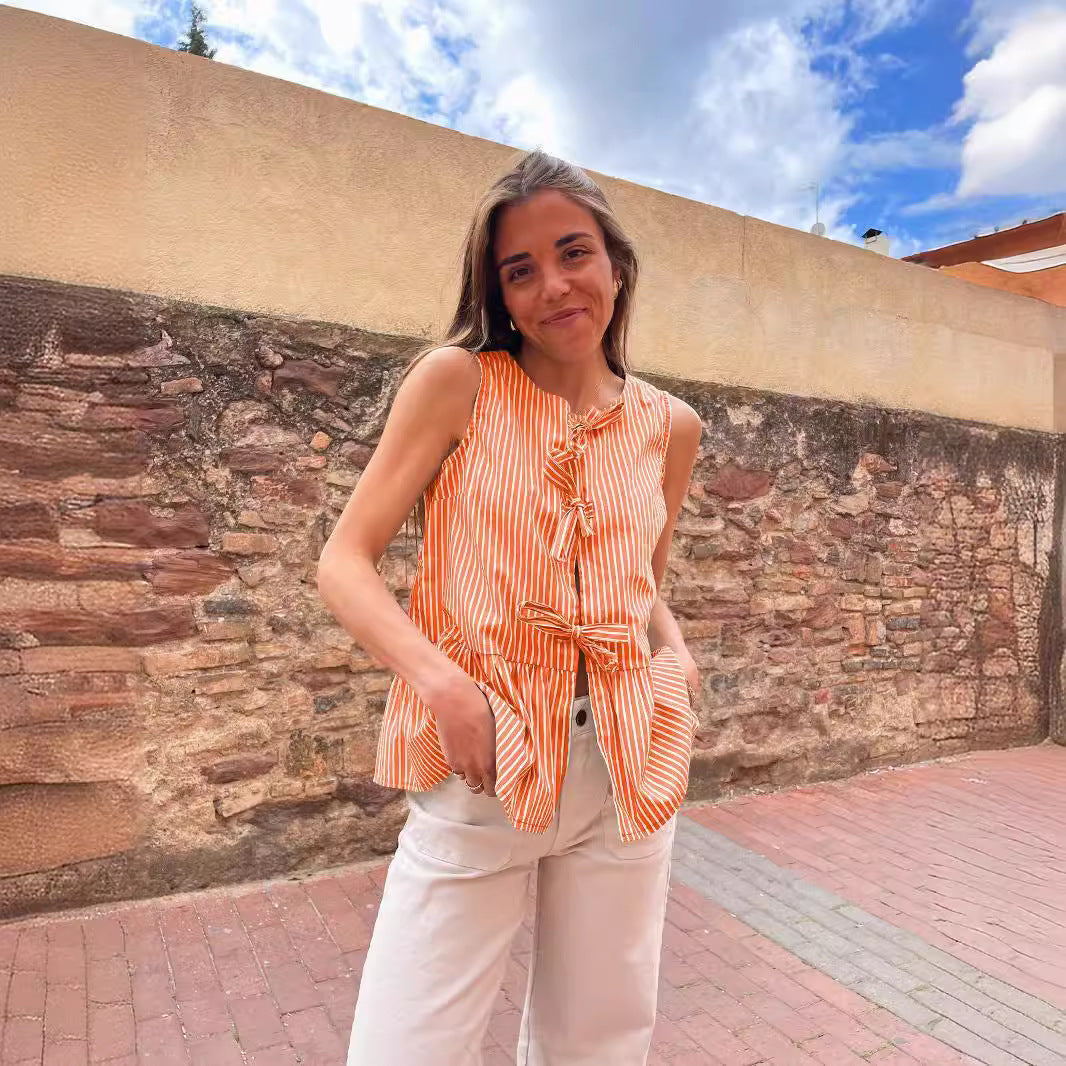 Damen Lekfull Blus Topp med Band Detaljer och Fickor Mirla-Eva Jonsson