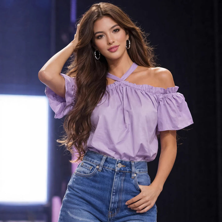 Damen Lekker topp med off-shoulder detaljer og rufselementer Mirla-Eva Jonsson