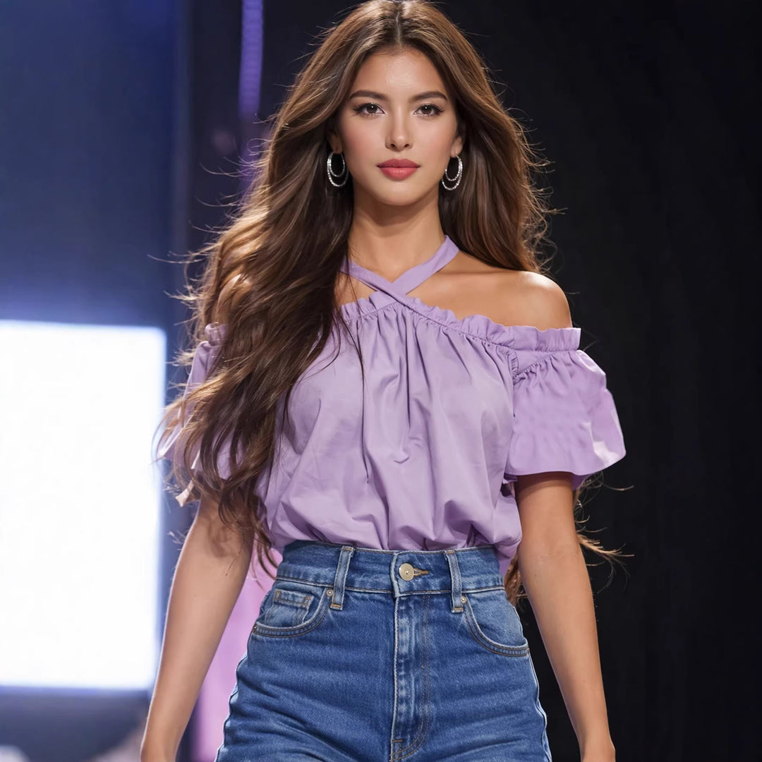 Damen Lekker topp med off-shoulder detaljer og rufselementer Mirla-Eva Jonsson