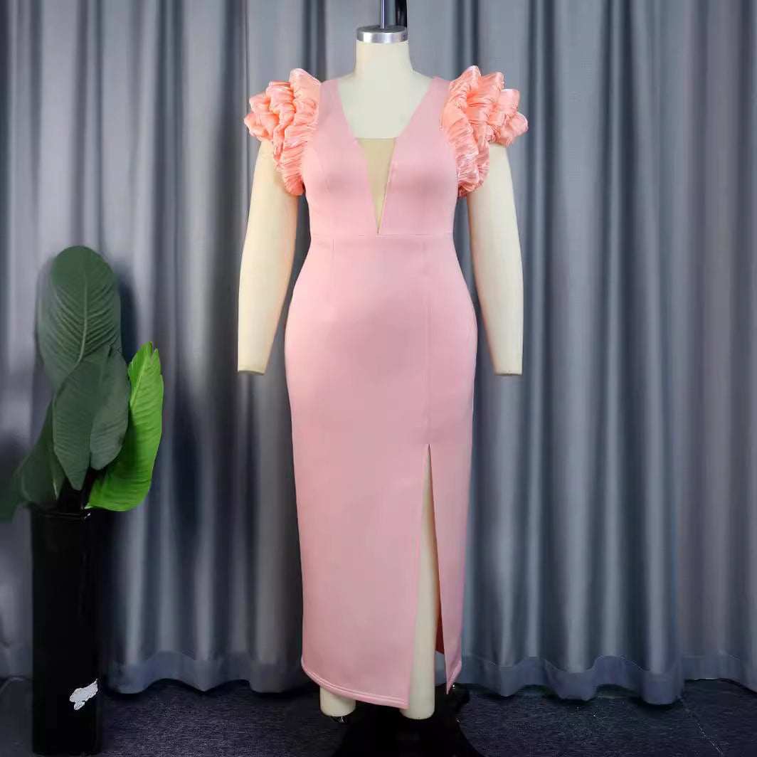 Damen Maxikleid mit extravagantem Volant und tiefem V-Ausschnitt Mirla-Eva Jonsson