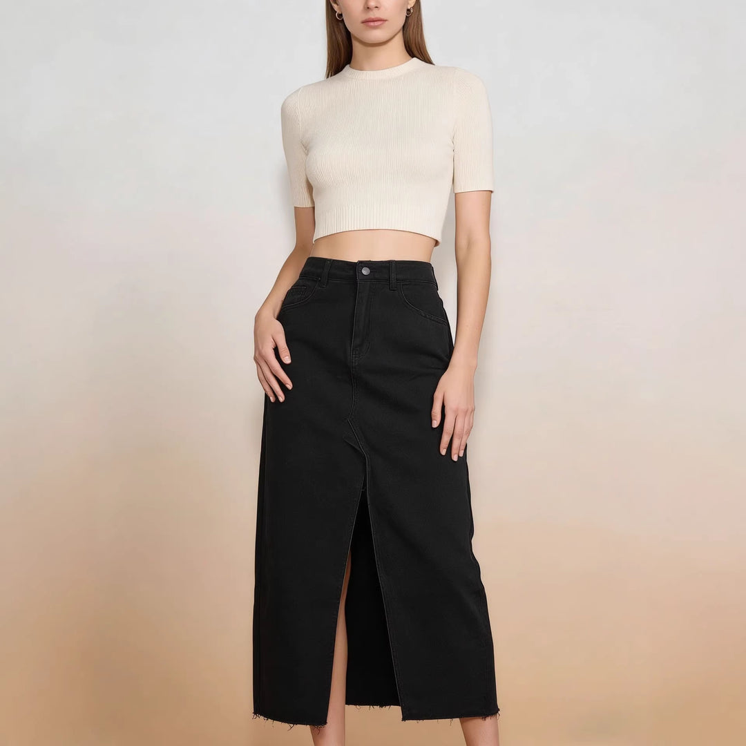 Damen Midi-Denim-kjol med hög slits och fransig fåll Mirla-Eva Jonsson