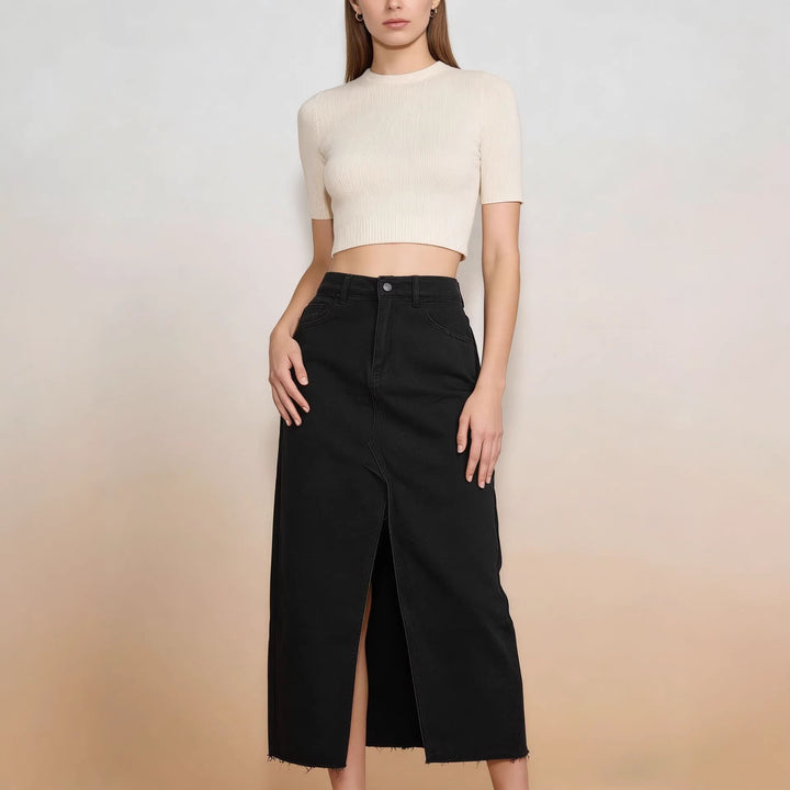 Damen Midi-Denim-kjol med hög slits och fransig fåll Mirla-Eva Jonsson