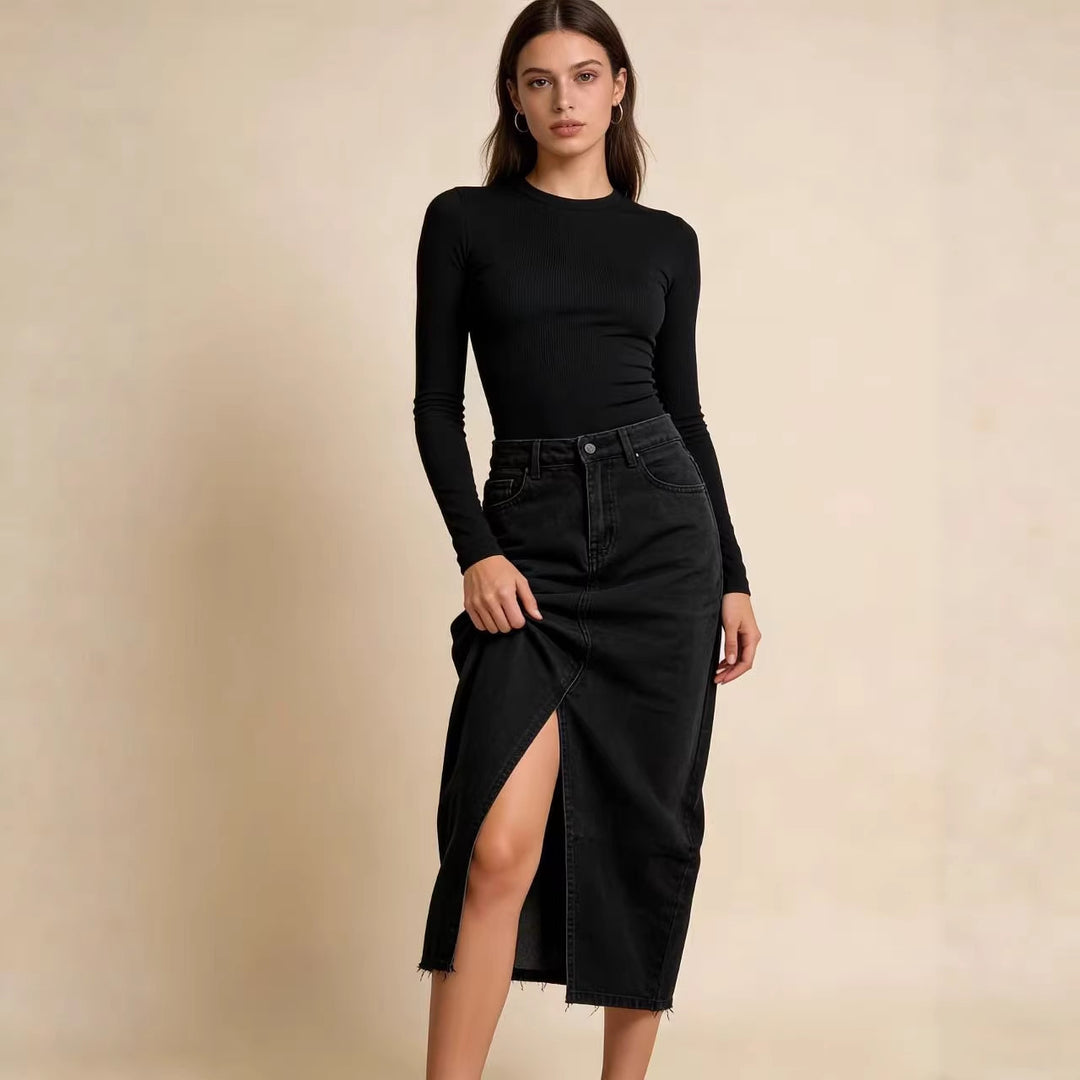 Damen Midi-Denim-kjol med hög slits och fransig fåll Mirla-Eva Jonsson