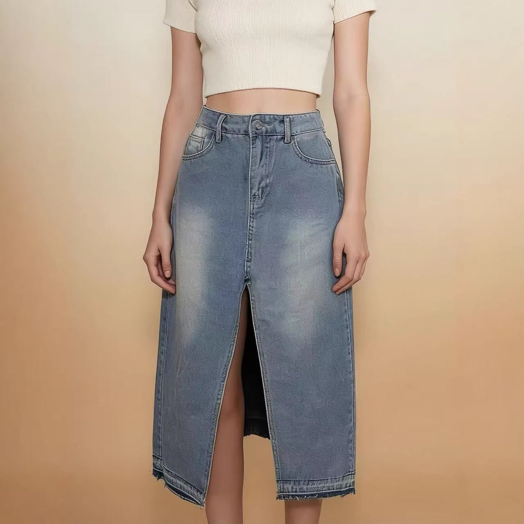 Damen Midi-Denim-kjol med hög slits och fransig fåll Mirla-Eva Jonsson