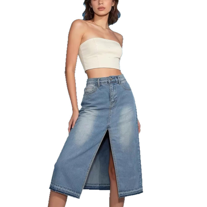 Damen Midi-Denim-kjol med hög slits och fransig fåll Mirla-Eva Jonsson