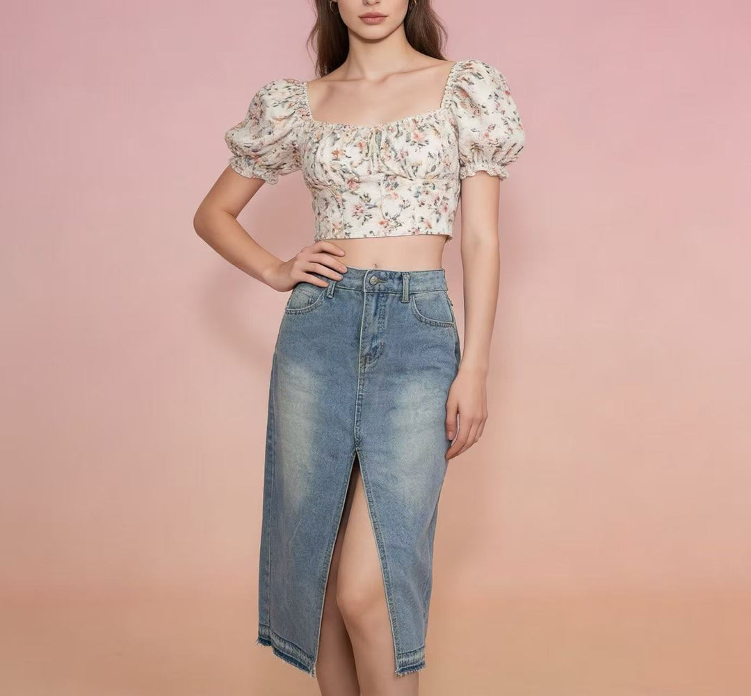 Damen Midi-Denim-kjol med hög slits och fransig fåll Mirla-Eva Jonsson