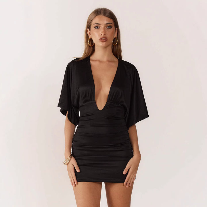 Damen Mini-Raffkleid mit tiefem V-Ausschnitt und fließenden Ärmeln Mirla-Eva Jonsson
