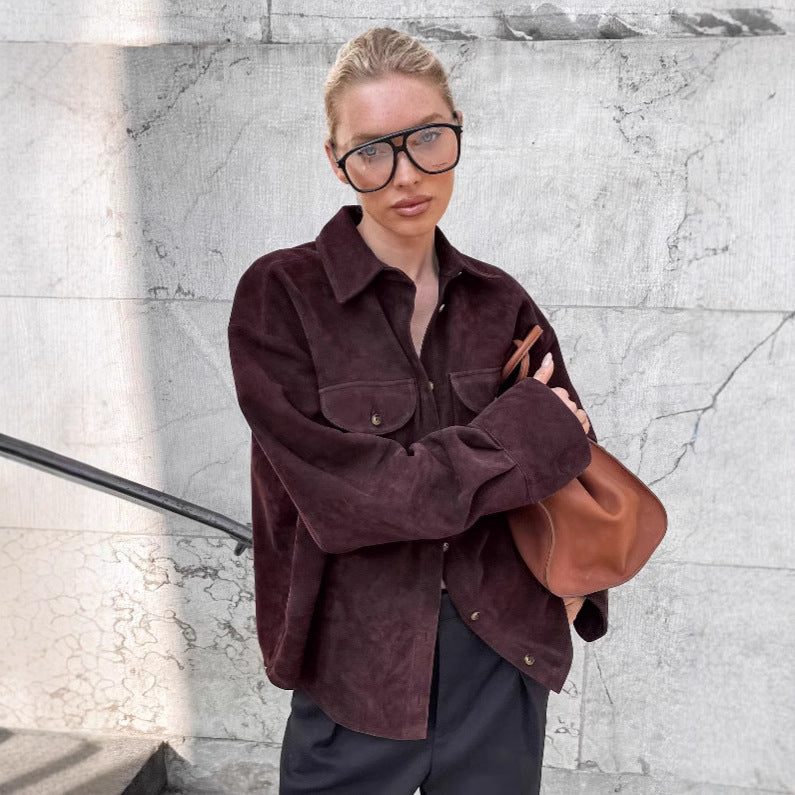 Damen Mode Suede Oversized Skjortjacka med praktiska fickor Mirla-Eva Jonsson