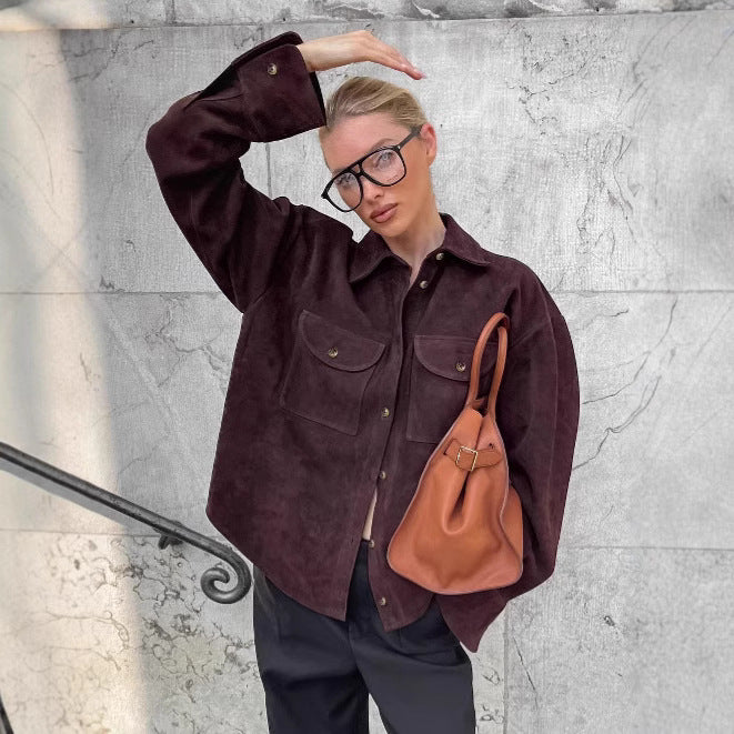Damen Mode Suede Oversized Skjortjacka med praktiska fickor Mirla-Eva Jonsson