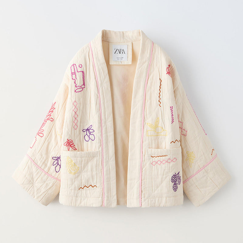Damen Modische Kimono-jacka med färgglada broderidetaljer och fickor Mirla-Eva Jonsson