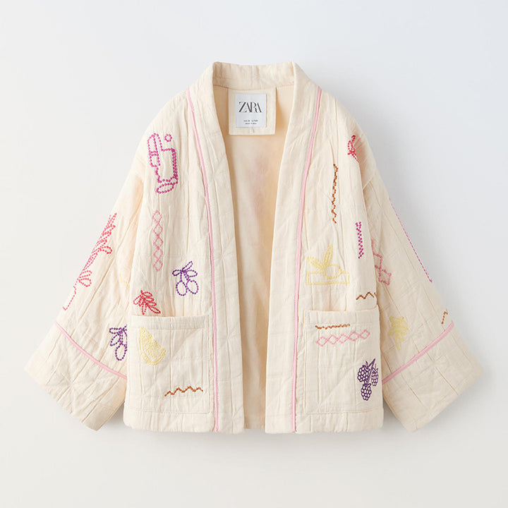 Damen Modische Kimono-jacka med färgglada broderidetaljer och fickor Mirla-Eva Jonsson