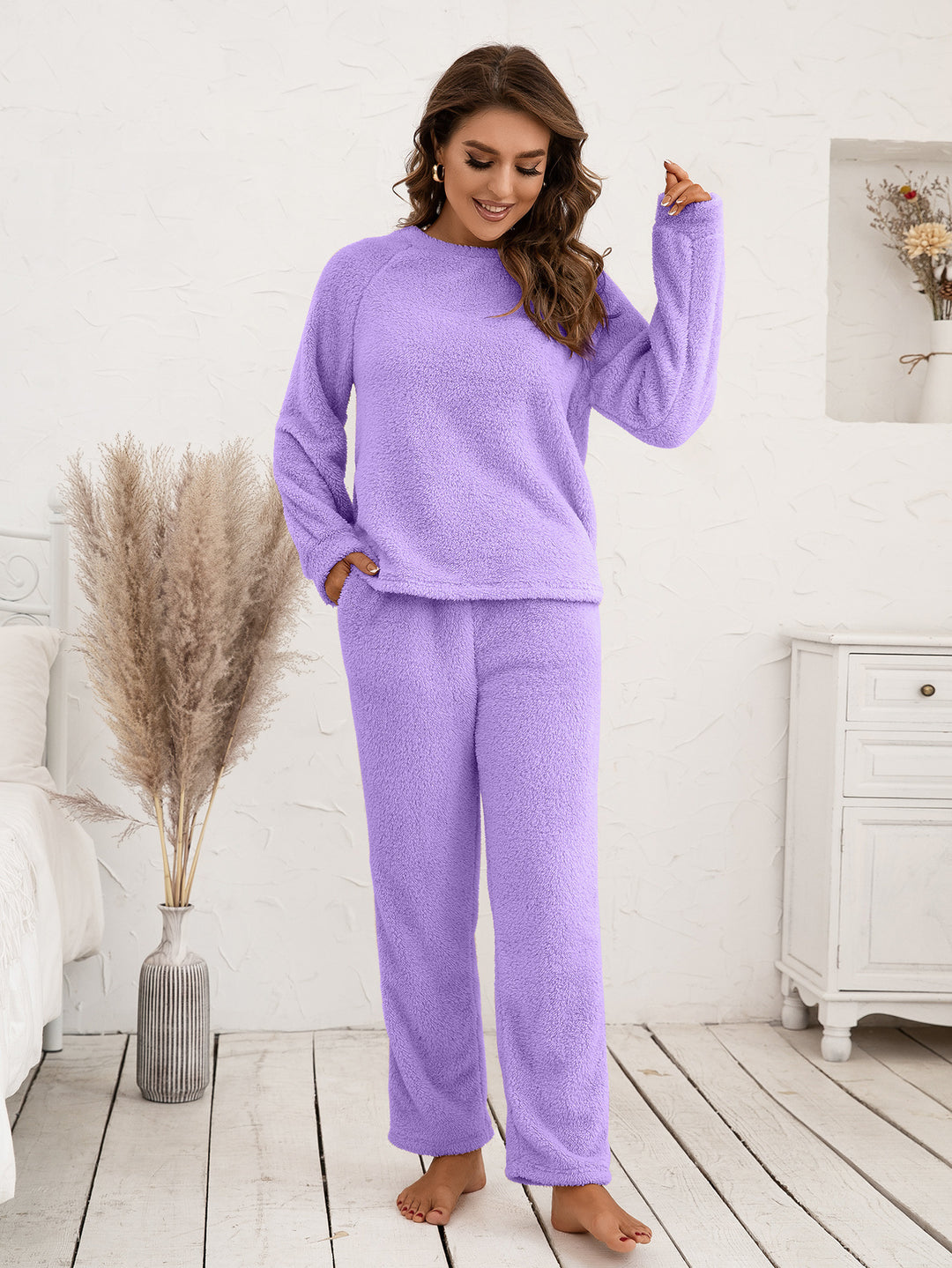Damen Mysigt Fleece-pyjamaset med långa ärmar och bekväma byxor Eva Jonsson-Eva Jonsson