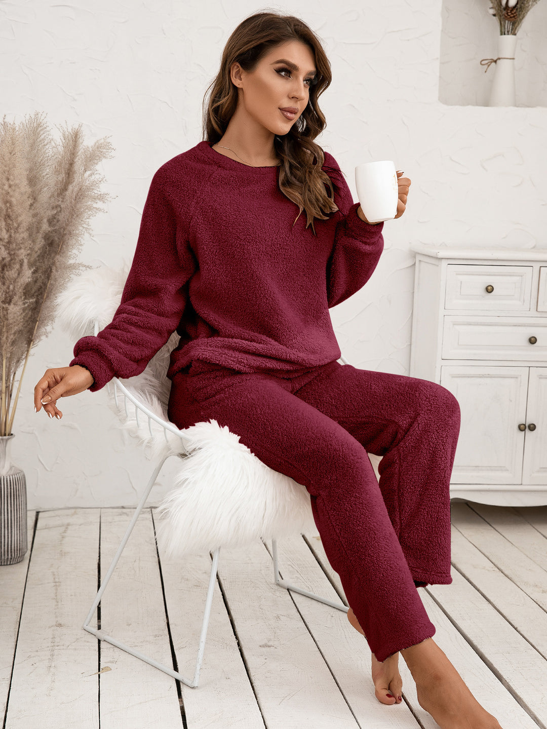 Damen Mysigt Fleece-pyjamaset med långa ärmar och bekväma byxor Eva Jonsson-Eva Jonsson