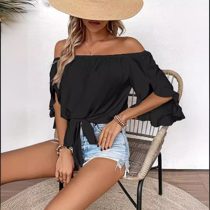 Damen Off-Shoulder Blus med Volangärmar och Knoten Detalj Eva Jonsson-Eva Jonsson