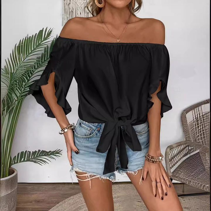 Damen Off-Shoulder Blus med Volangärmar och Knoten Detalj Eva Jonsson-Eva Jonsson
