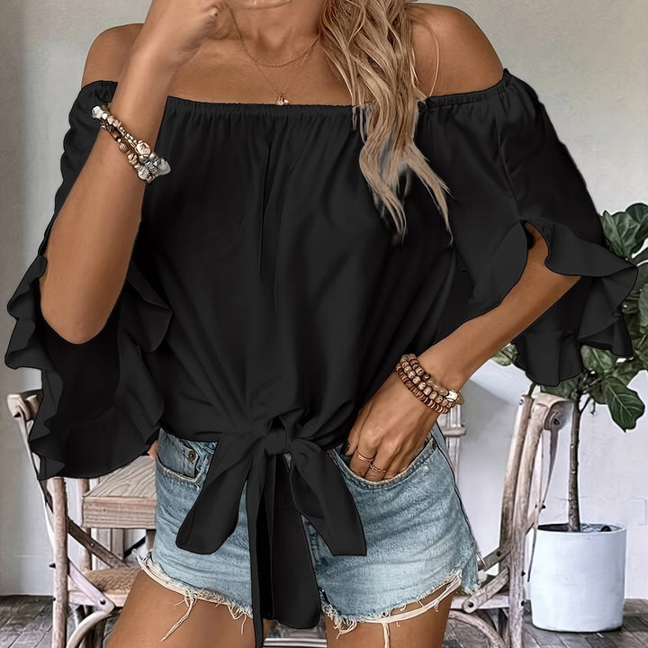 Damen Off-Shoulder Blus med Volangärmar och Knoten Detalj Eva Jonsson-Eva Jonsson