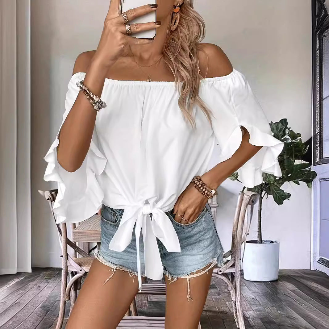 Damen Off-Shoulder Blus med Volangärmar och Knoten Detalj Eva Jonsson-Eva Jonsson