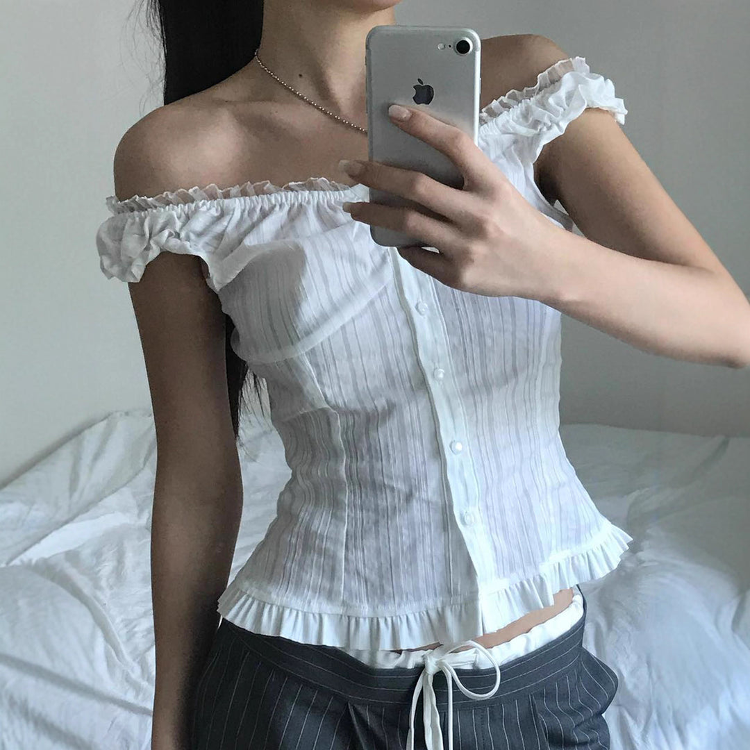 Damen Off-Shoulder Blus med volangkant och knappr detaljer Mirla-Eva Jonsson
