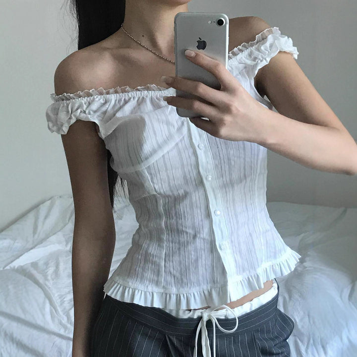 Damen Off-Shoulder Blus med volangkant och knappr detaljer Mirla-Eva Jonsson