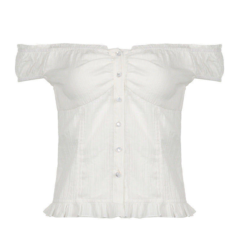 Damen Off-Shoulder Blus med volangkant och knappr detaljer Mirla-Eva Jonsson