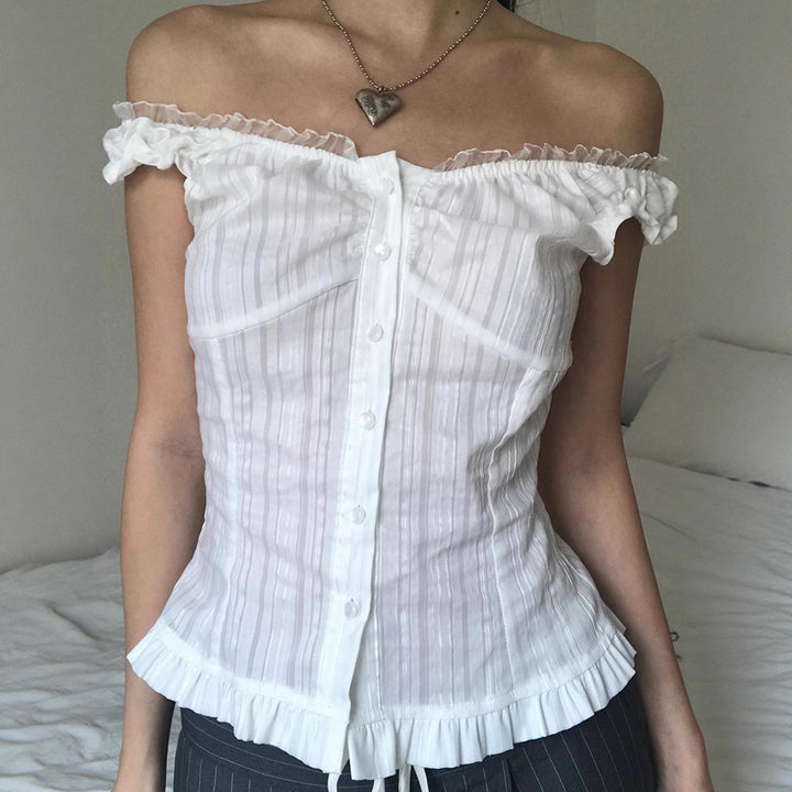 Damen Off-Shoulder Blus med volangkant och knappr detaljer Mirla-Eva Jonsson