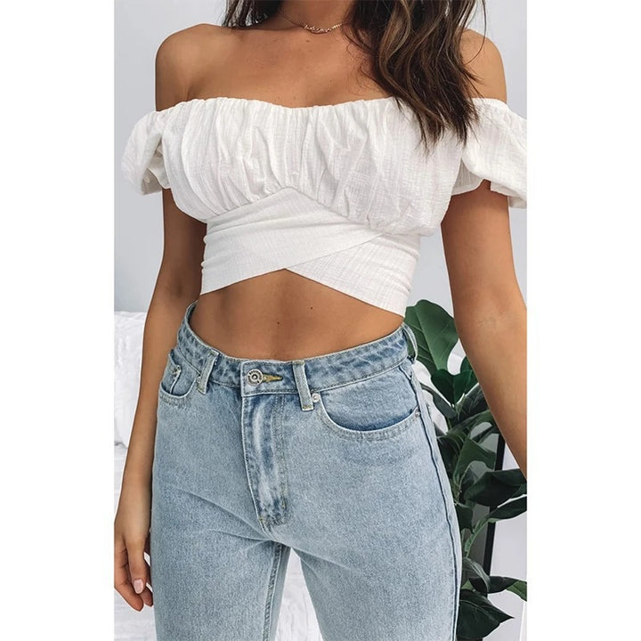 Damen Off-Shoulder Crop-Top med elegant omslagsdesign Eva Jonsson-Eva Jonsson