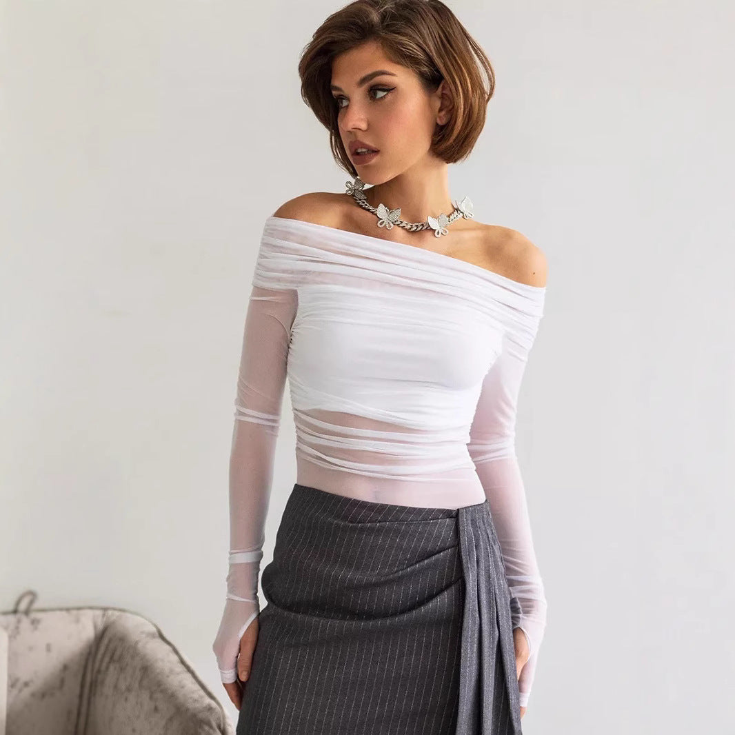 Damen Off-Shoulder Långärmad skjorta i lätt genomskinligt tyg med sofistikerad draperingseffekt Mirla-Eva Jonsson
