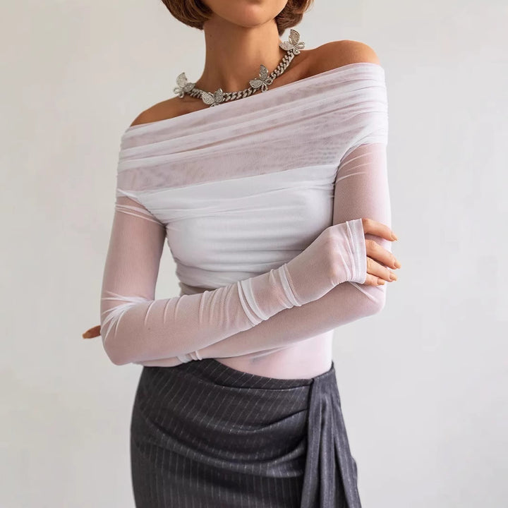 Damen Off-Shoulder Långärmad skjorta i lätt genomskinligt tyg med sofistikerad draperingseffekt Mirla-Eva Jonsson
