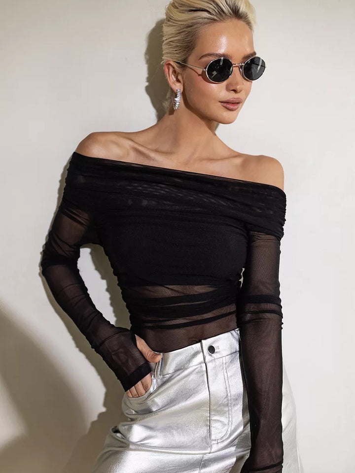 Damen Off-Shoulder Långärmad skjorta i lätt genomskinligt tyg med sofistikerad draperingseffekt Mirla-Eva Jonsson